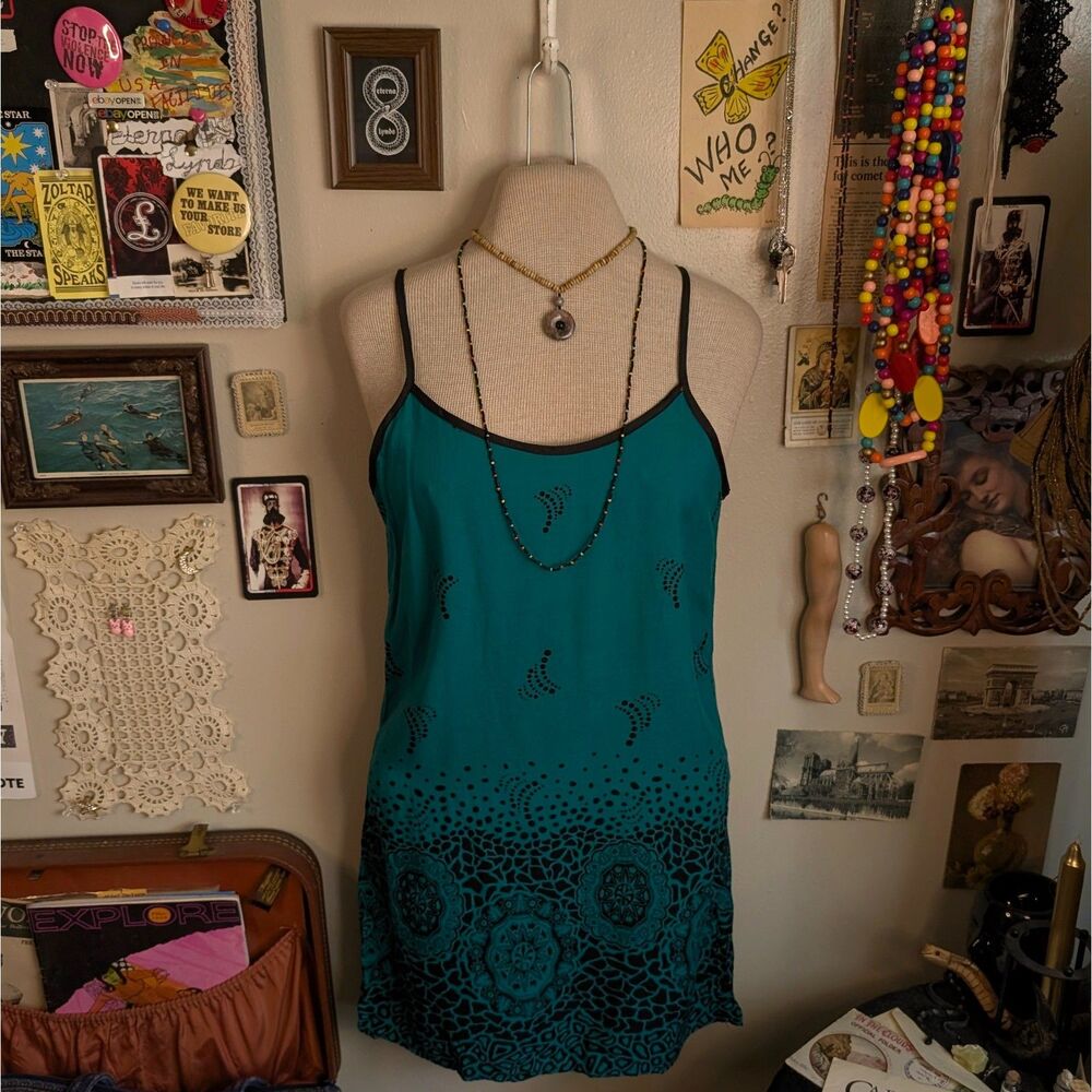 Boho Print Tank Top Dress Women's Small/Medium Teal Blue Black